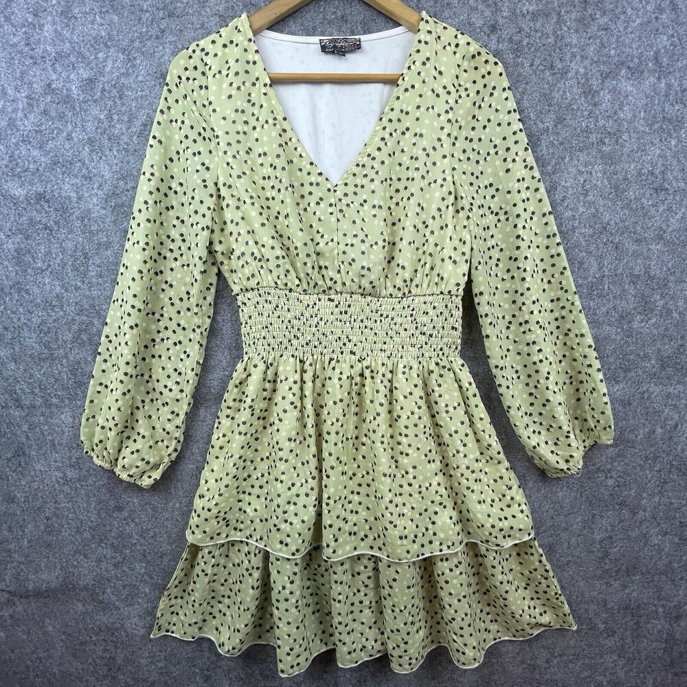 J Gee Dress Womens‎ Medium Green Ruffle Tiered Cinched Boho Cottage Peasant